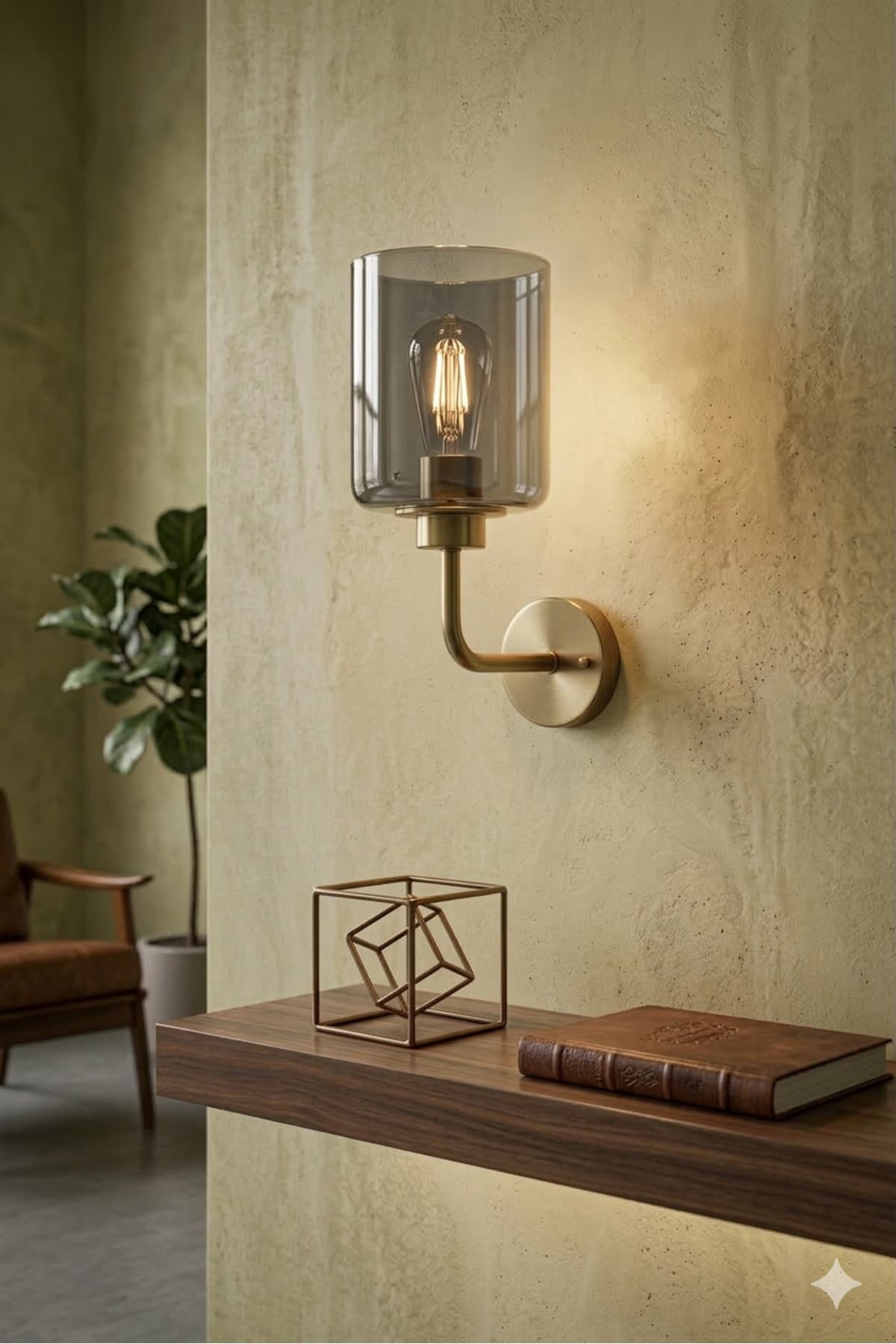 Modern Füme Camlı Eskitme Pirinç Duvar Apliği